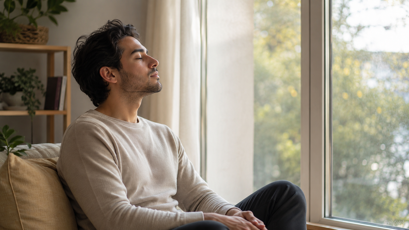 “Adult taking a calm breath beside a window in a natural home setting”