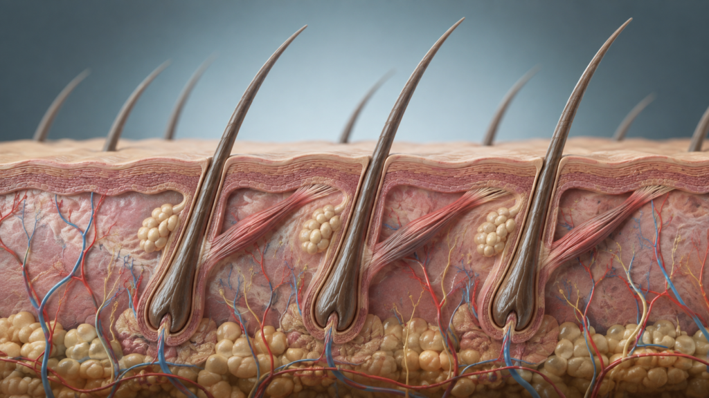 Medical visualization of hair follicles and arrector pili muscles during goosebumps.