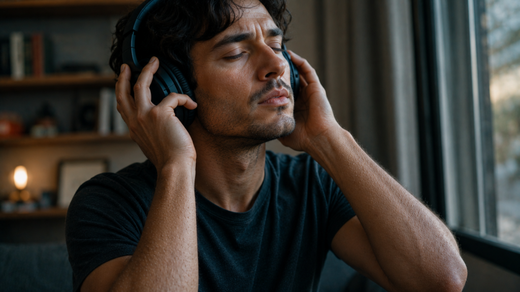 Person experiencing an emotional response while listening to music.