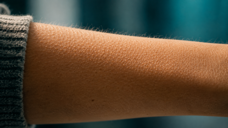 Close-up of human skin showing natural goosebumps during a cold sensation.