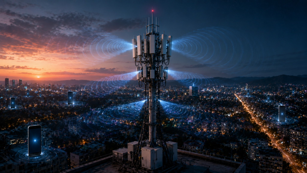 5G antenna array communicating with multiple devices through beamforming.