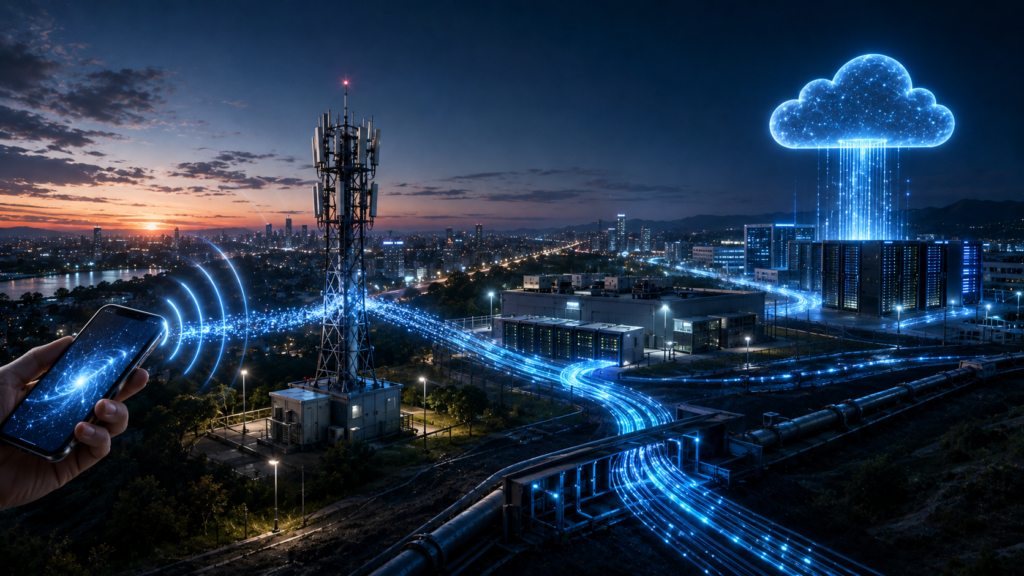 Data traveling from a smartphone through a 5G base station, fiber network, routers, and servers.