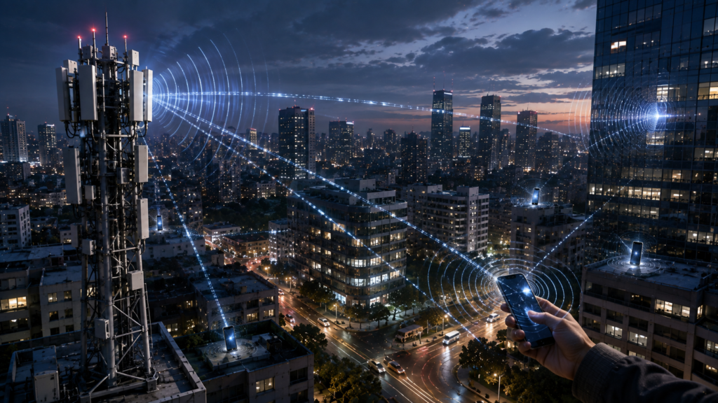 5G radio signals propagating between a smartphone and cellular base station in a city.