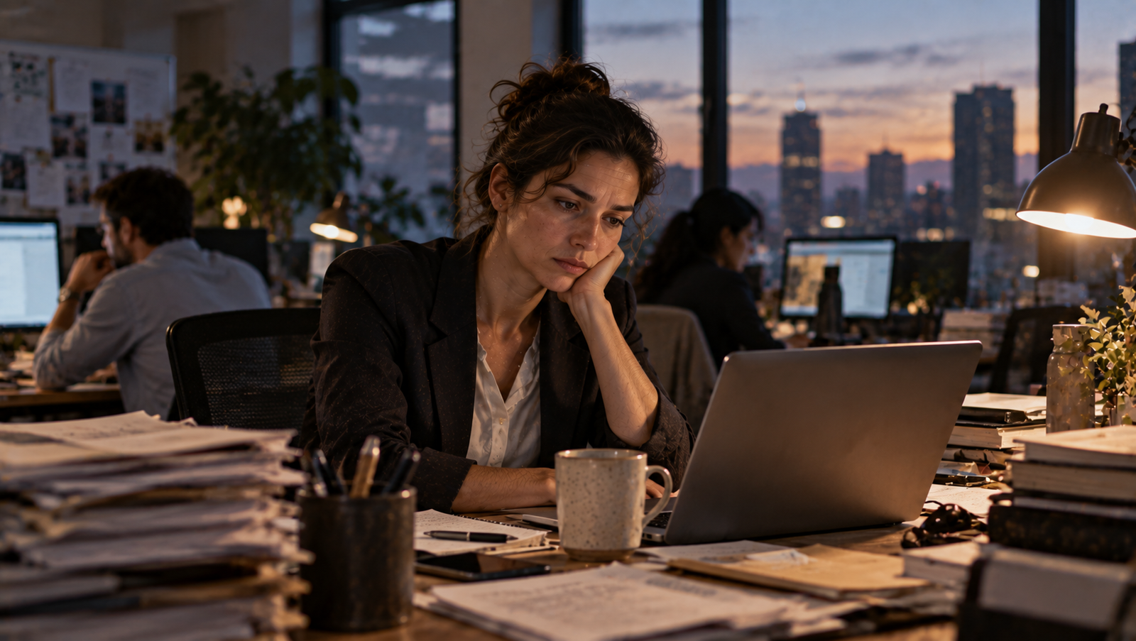 Exhausted professional experiencing signs associated with chronic workplace burnout.