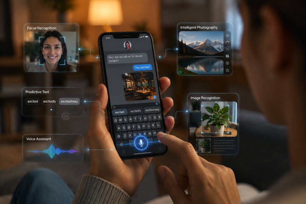Smartphone using artificial intelligence for facial recognition, predictive text, voice interaction, and image processing.