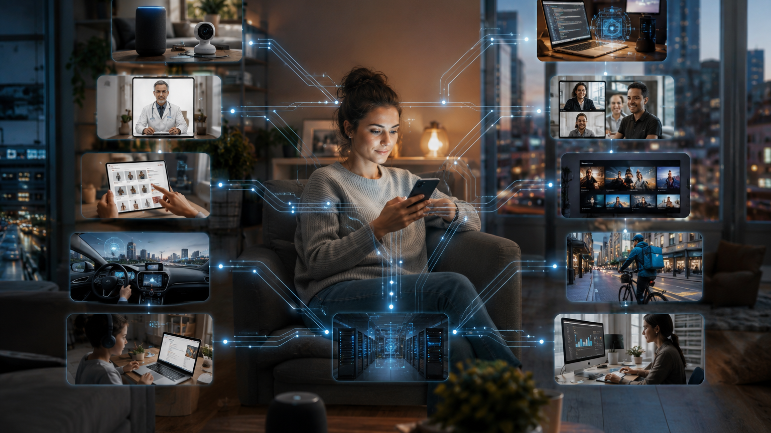 Artificial intelligence integrated into everyday activities including smartphones, healthcare, transportation, shopping, work, education, and smart homes.