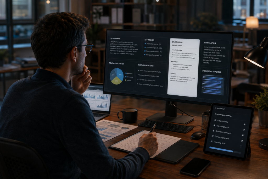 Human worker using AI to summarize information, analyze data, and assist with report preparation.