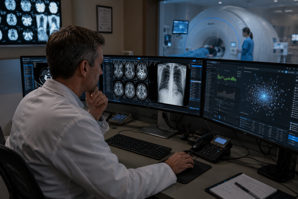Healthcare professional using an AI-assisted system to analyze medical images and clinical data.