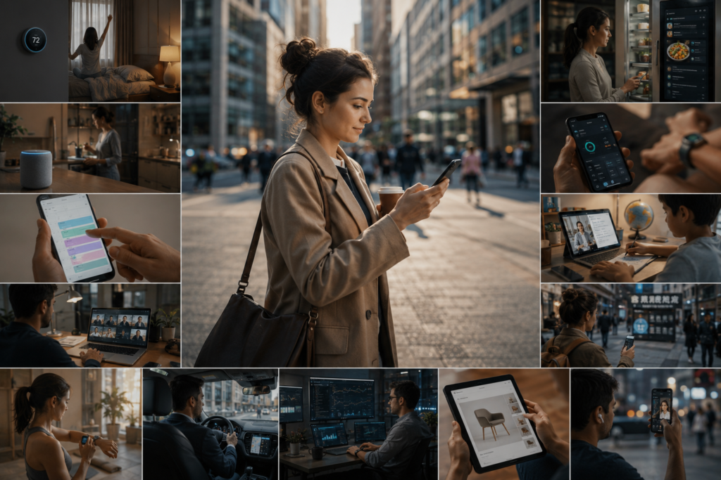 Artificial intelligence quietly integrated into smartphones, homes, transportation, healthcare, education, work, and communication.