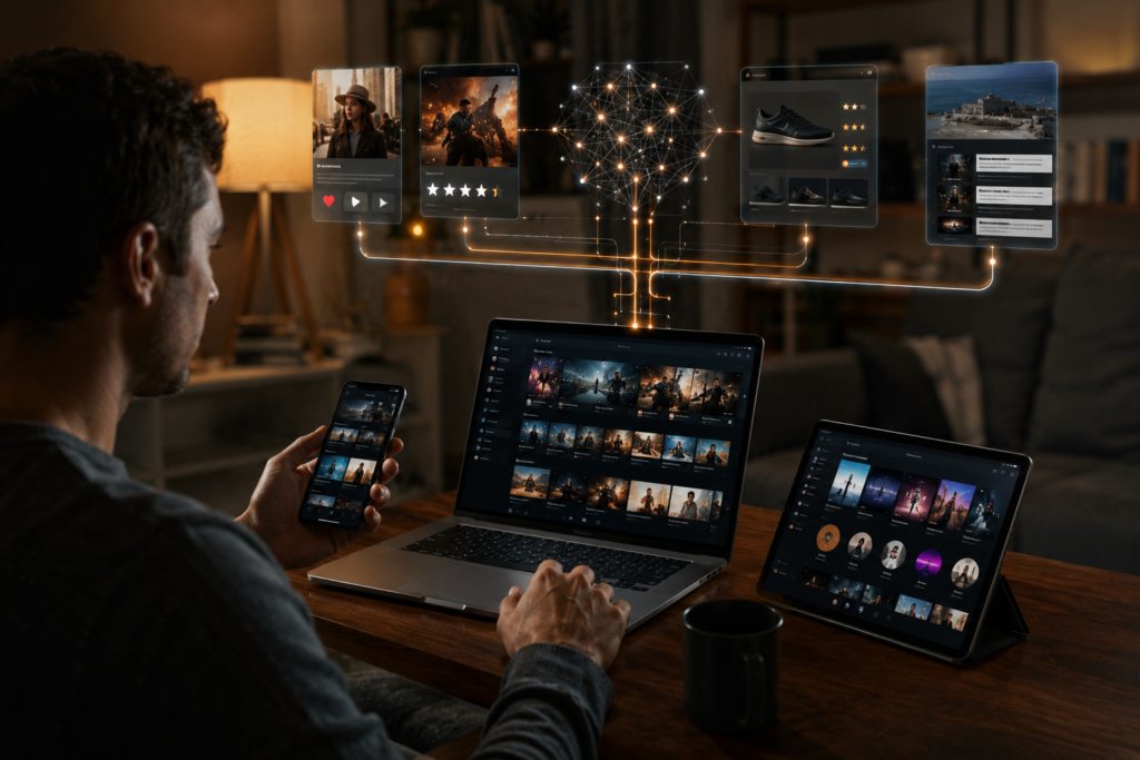 AI recommendation systems analyzing user interactions to personalize videos, music, shopping, and online content.