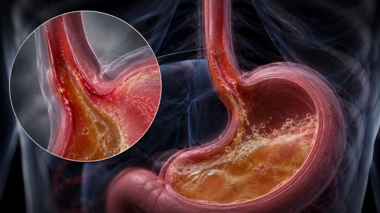 Medical visualization showing stomach contents moving upward through the lower esophageal sphincter into the esophagus.