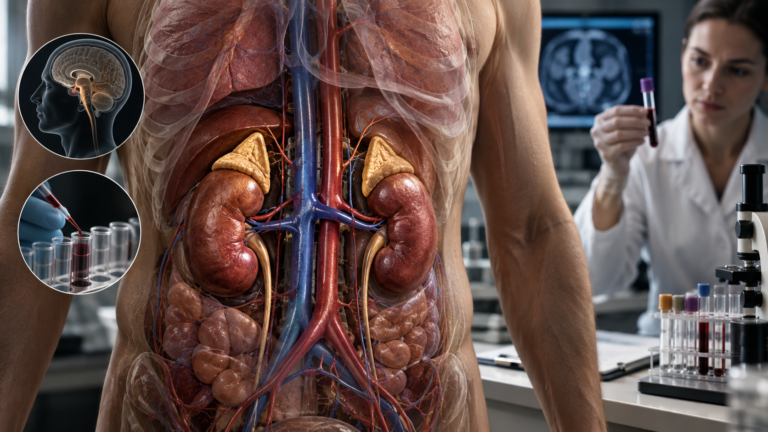 Realistic adrenal glands above the kidneys with visual cues of cortisol regulation and medical evaluation.
