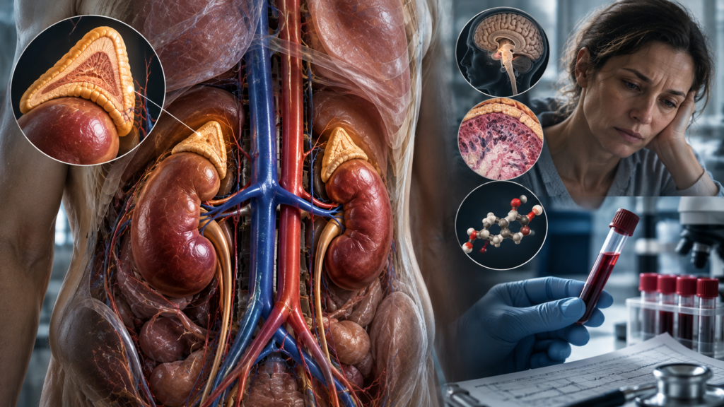 Medical visualization representing adrenal insufficiency and inadequate cortisol production.