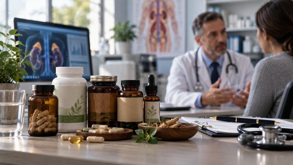 Wellness supplements presented alongside a clinical context representing caution about unsupported adrenal claims.