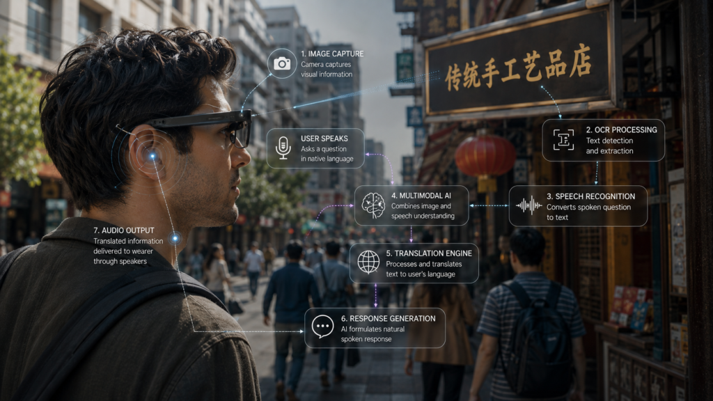 AI smart glasses processing visual text and spoken language to provide a translated response.