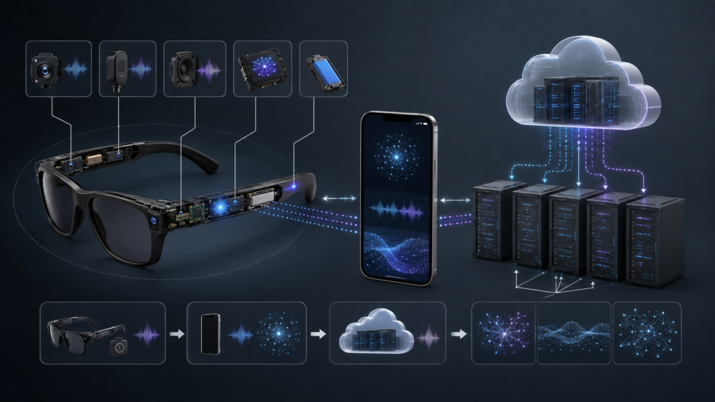 AI smart glasses connected to a smartphone and cloud computing services.