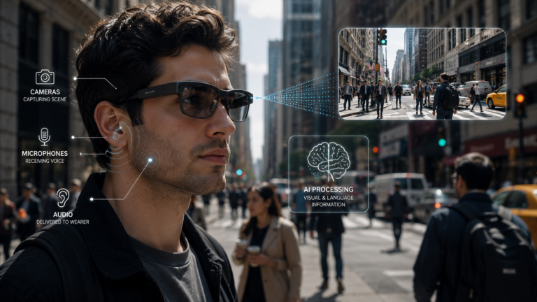 AI smart glasses using cameras, microphones, and artificial intelligence to understand the surrounding environment.