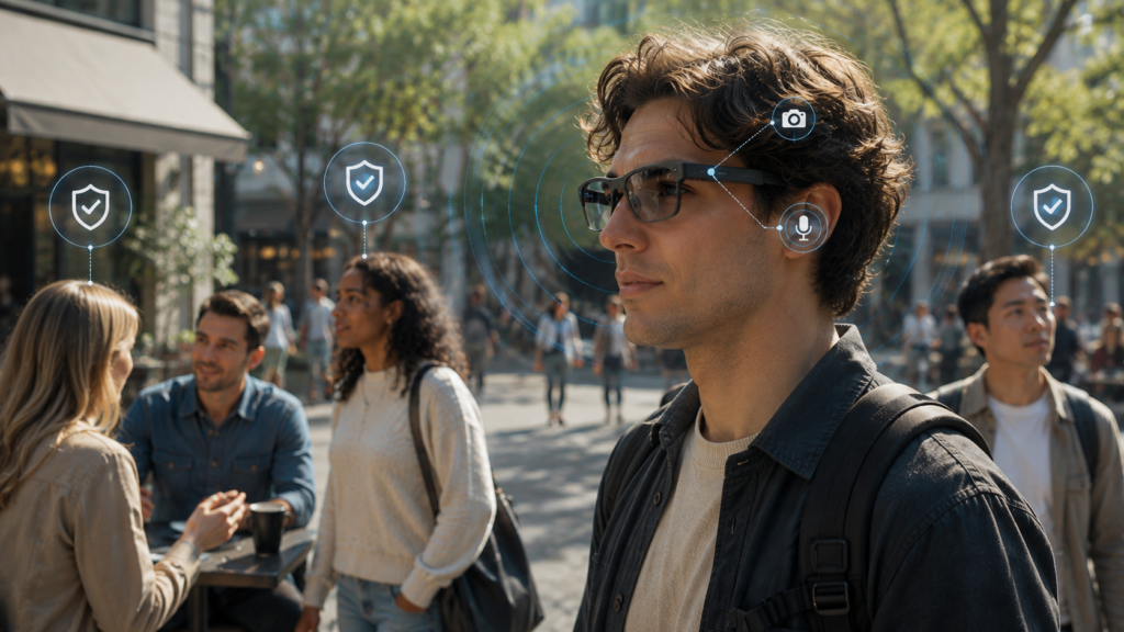 AI smart glasses raising privacy and consent considerations in public spaces.