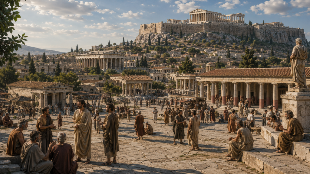 Ancient Athens civic life representing the development of democracy.