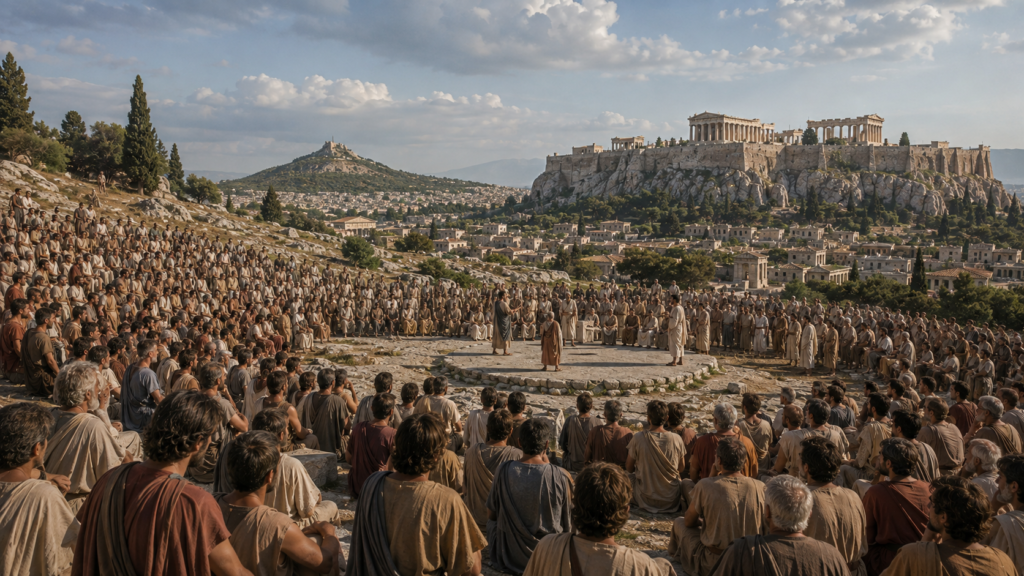 Athenian citizens gathered at the Pnyx for political debate.