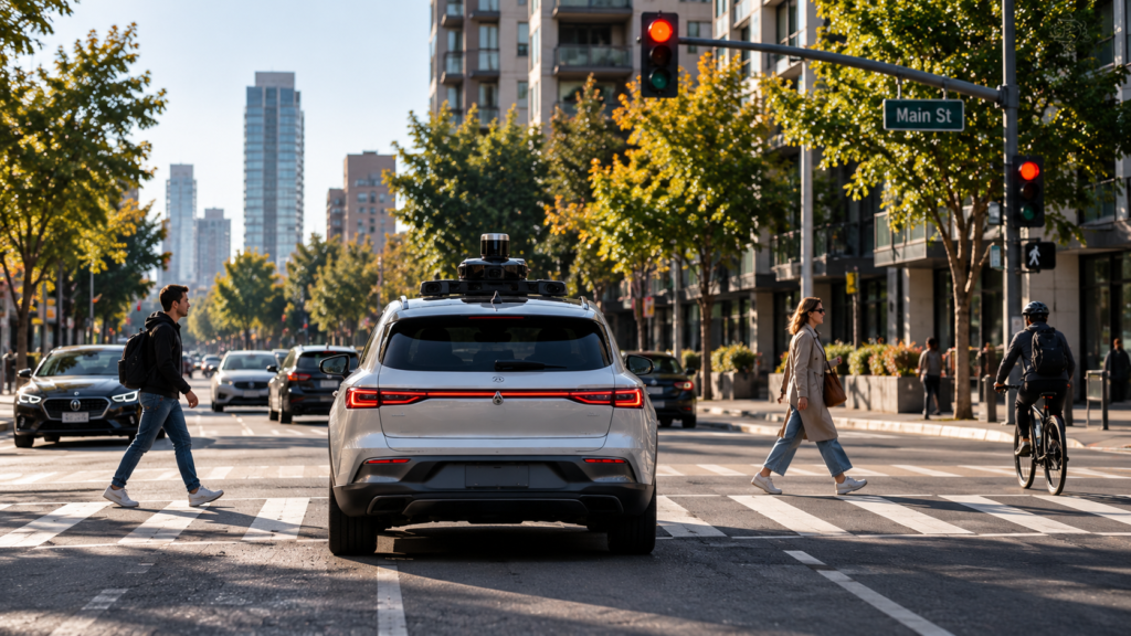 Autonomous vehicle navigating traffic while accounting for other road users and possible movements.