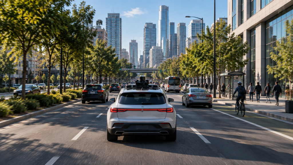 Autonomous vehicle determining its position within a mapped road environment.