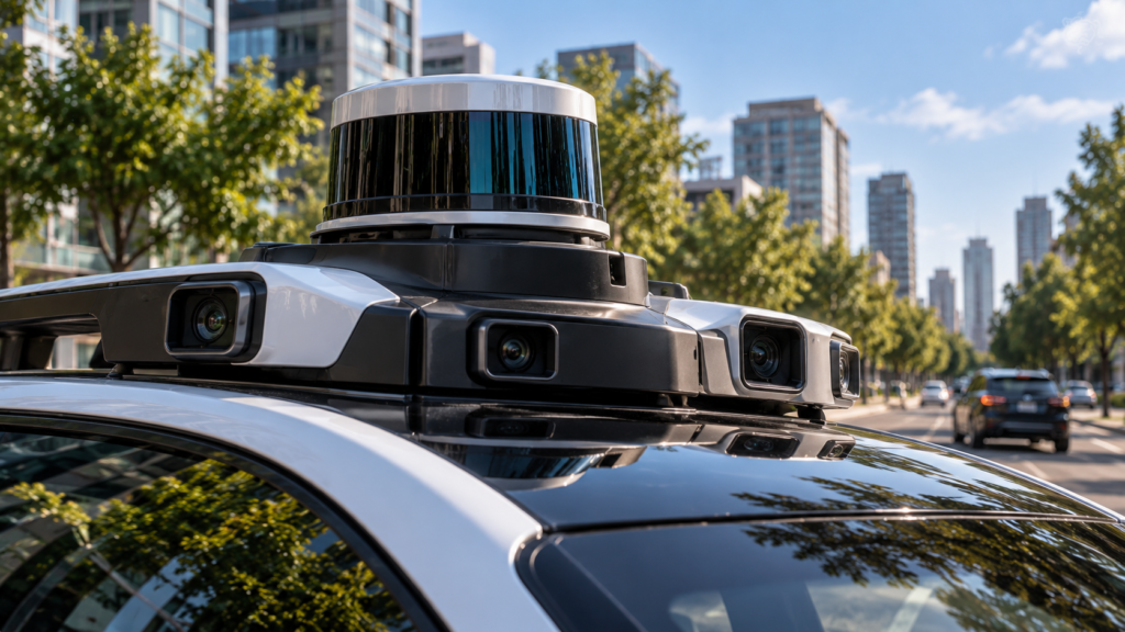Autonomous vehicle using cameras, lidar, radar, and ultrasonic sensors to perceive its surroundings.