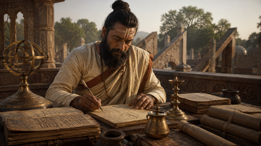 Historical reconstruction representing Brahmagupta studying mathematics.