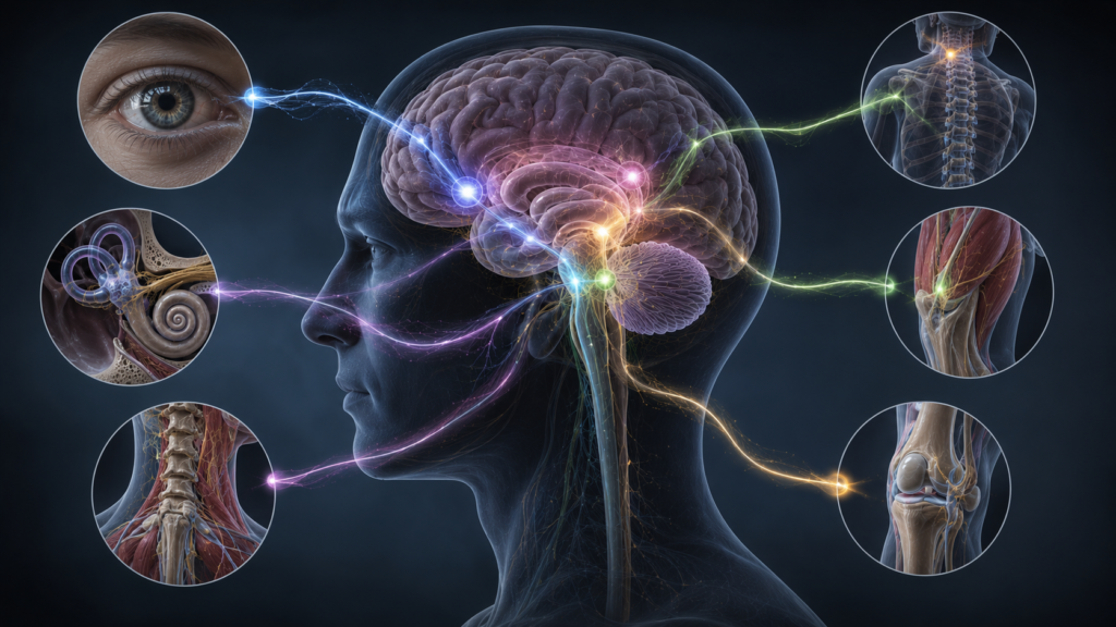Brain integrating visual, vestibular, and proprioceptive information to maintain balance.