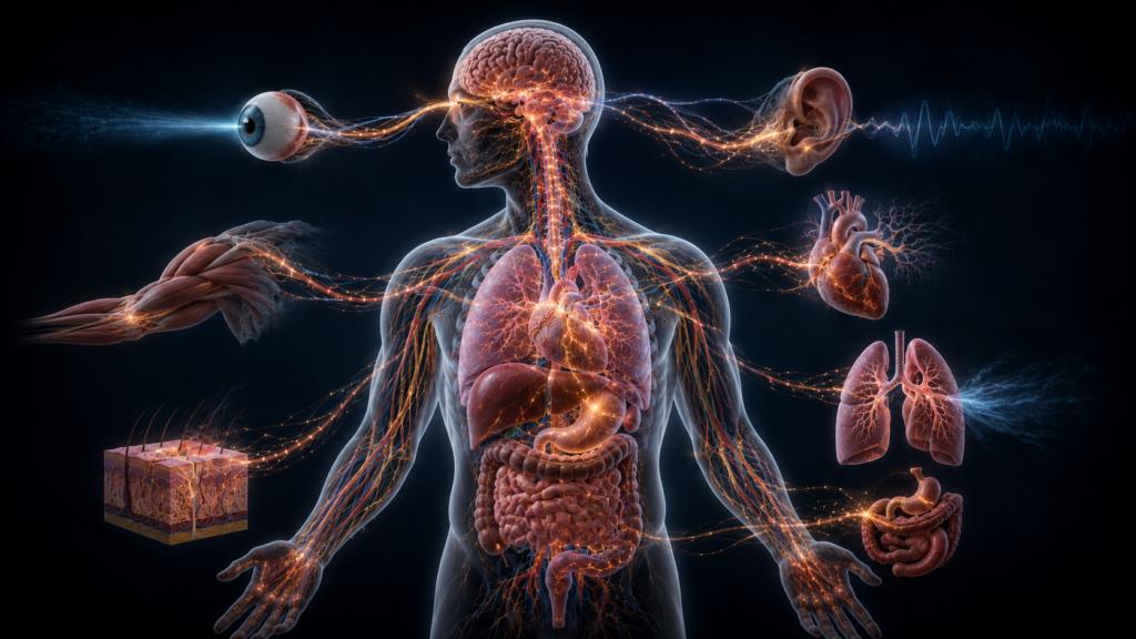 Human brain communicating continuously with sensory, motor, and internal body systems.