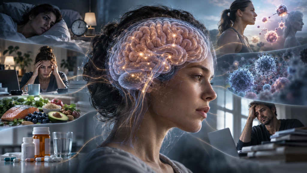 Multiple health and lifestyle factors that can contribute to experiences described as brain fog.