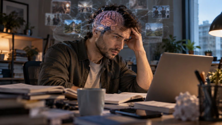 Person struggling to concentrate while experiencing mental fog and reduced clarity.