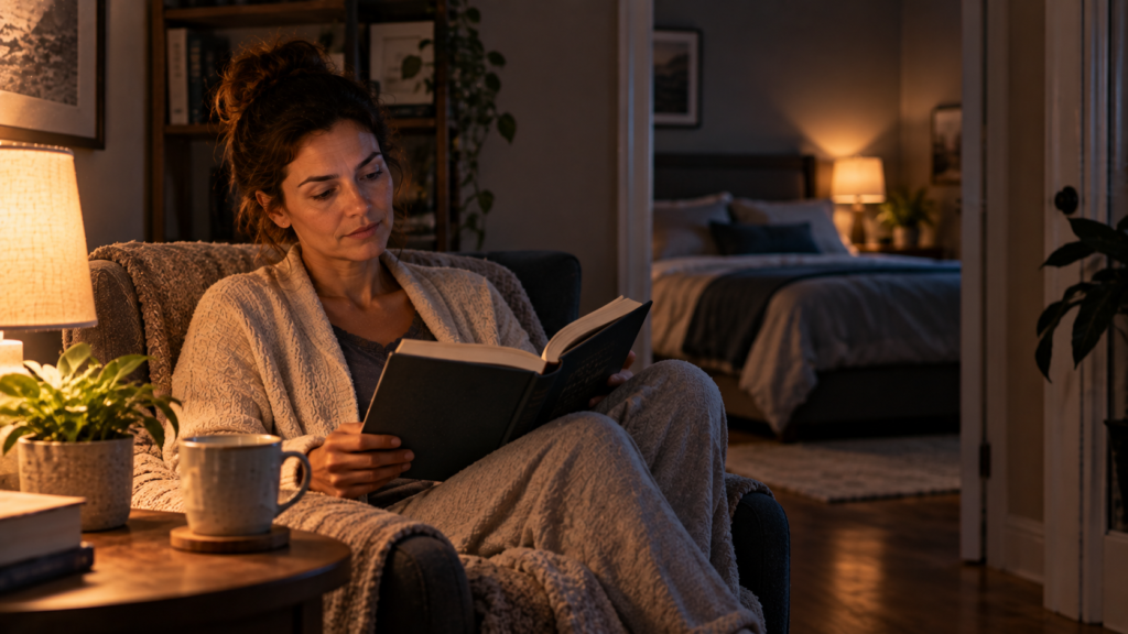 Person engaging in a quiet activity before returning to bed when sleepy.