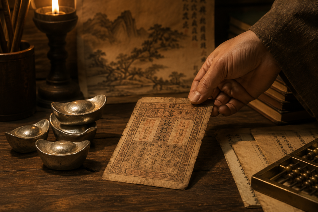 Historical Chinese paper currency representing the development of banknotes.