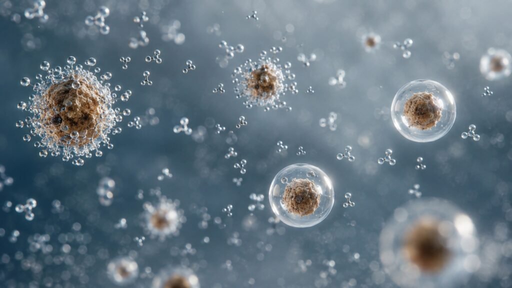 Water droplets forming around microscopic atmospheric particles.