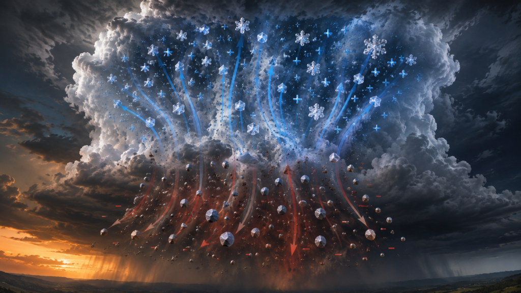 A stepped leader descending from a thundercloud toward upward streamers near the ground.