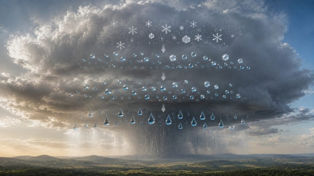 Cloud droplets growing into rain.
