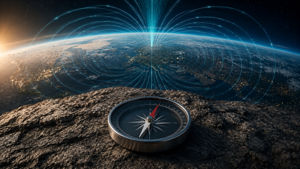 Compass needle aligning with Earth's magnetic field.