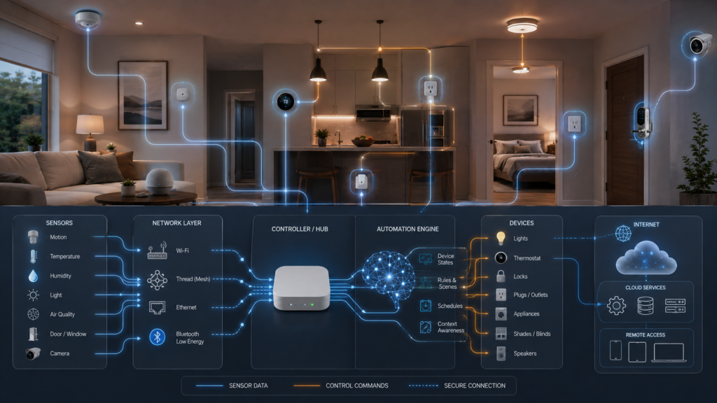 Smart home communication system connecting sensors, networks, controllers, automation, and devices.