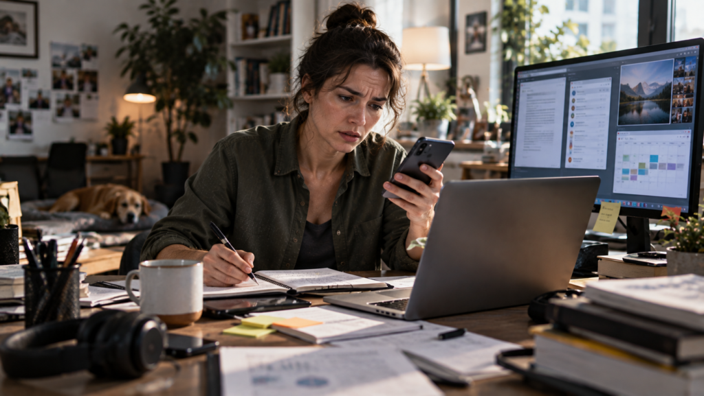 Person repeatedly switching between digital tasks while trying to maintain concentration.