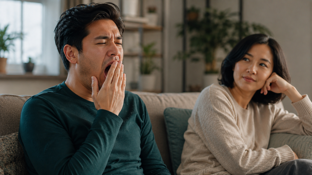 Why do we yawn? Two people with one person yawning while the other notices the behavior.