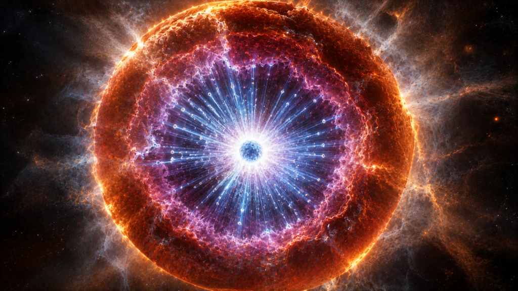 Massive stellar core collapsing while neutrinos escape and a shock wave moves outward.