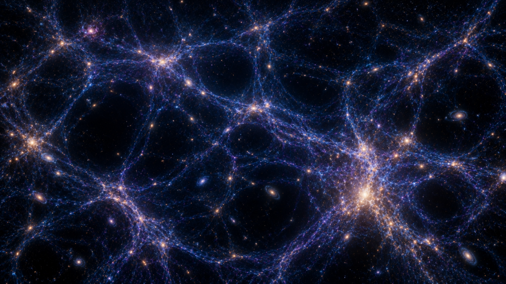 Large-scale cosmic web of galaxies, filaments, clusters, and low-density regions.