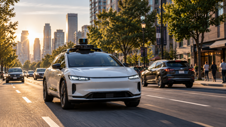 Driverless vehicle navigating an urban intersection using autonomous-driving technology.