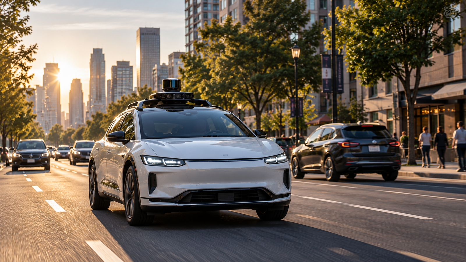 Driverless vehicle navigating an urban intersection using autonomous-driving technology.