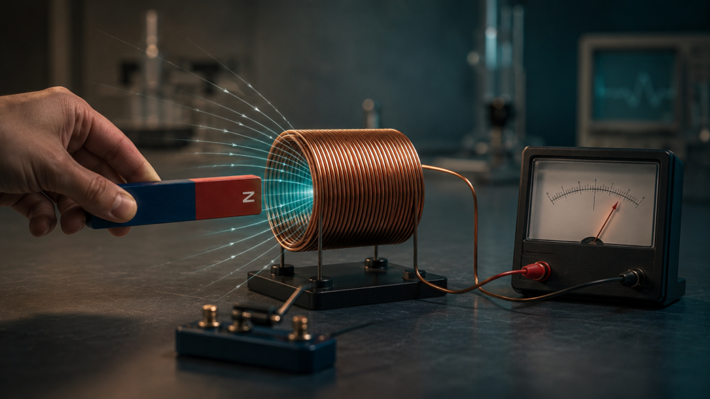 Magnet moving through a coil and inducing electrical voltage.