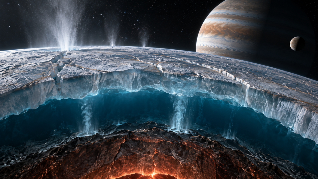 An icy ocean world with a subsurface ocean illustrating potential habitability beyond Earth.
