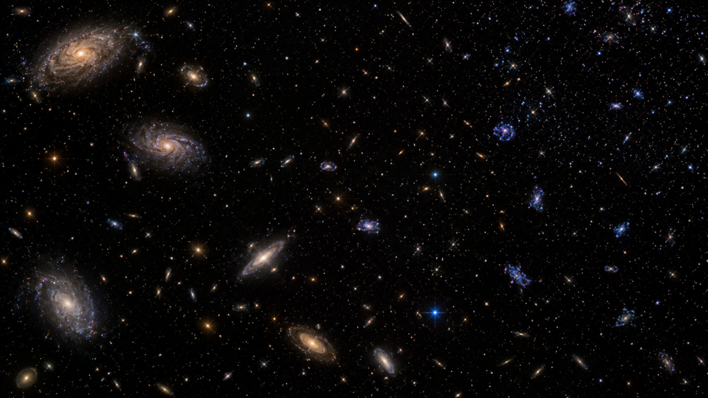 Distant galaxies observed at different stages of cosmic evolution across deep space.
