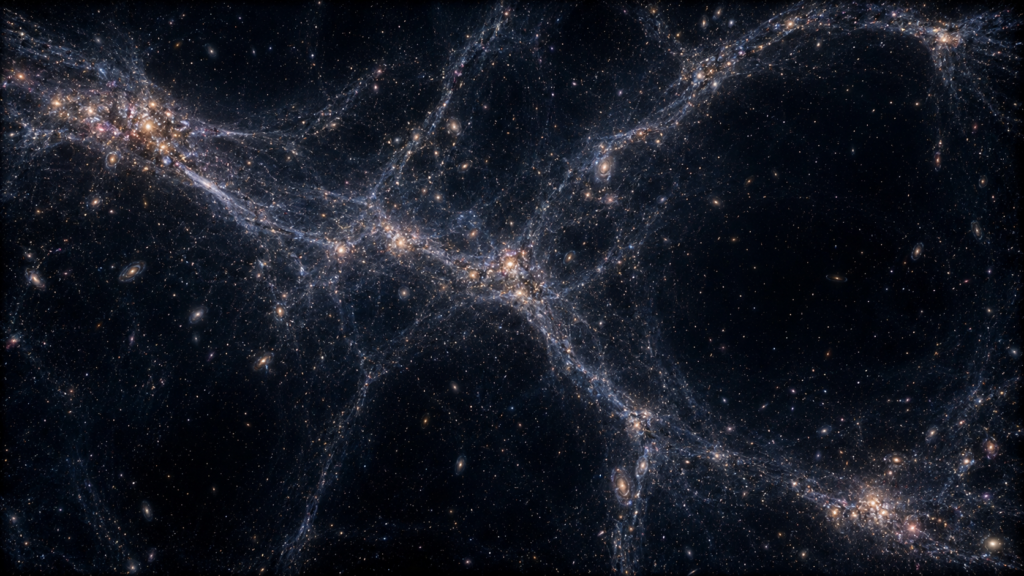 Galaxies distributed along filaments and dense regions of the cosmic web.