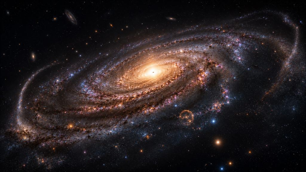 Galaxy evolving through star formation, gas accumulation, black hole activity, and cosmic interaction.